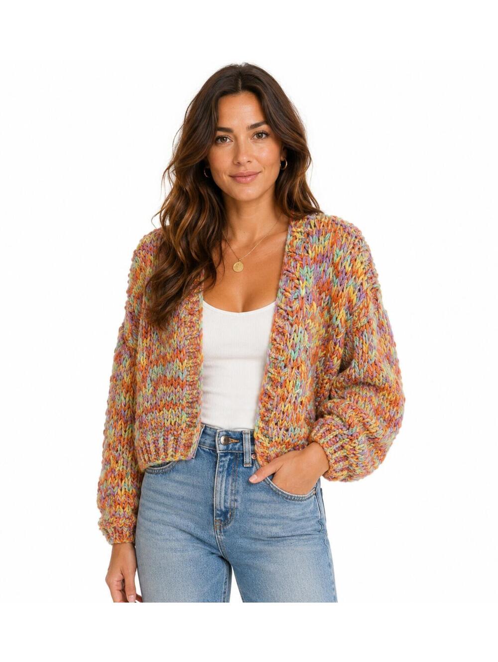 Princess Polly Candy Rainbow Chunky Knit Cropped Cardigan Sweater Size S/M